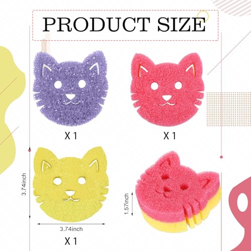 FillTouch 3 Pcs Dual Sided Scrub Sponge Multi Functional Cute Temperature Sensitive Non Scratch Dish Sponge for Washing Dishes Kitchen Bathroom(Cat,Pink, Yellow, Purple) - color: Pink, Yellow, Purple, style: Cat