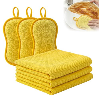 6Pcs Microfiber Cleaning Cloths & Sponges Set - 3Pcs Absorbent Towels + 3Pcs Dual-Sided Scrub Sponges - for Kitchen, Car, Bathroom, Dishes and Hard Surfaces(Yellow) - color: Yellow
