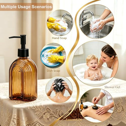 Black Pump Glass Soap Dispenser, 12oz Brown Stripe Countertop Refillable Liquid Bottle Hand Dish Lotion Dispenser with Plastic Pump, for Kitchen, Bathroom Countertop - color: Amber R