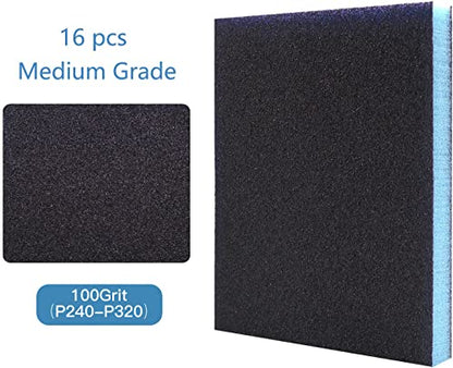 16Pcs 100 Grit Sanding Sponge, Jamiikury Medium Sanding Blocks Washable and Reusable, Wet Dry Sandpaper Sponge for Wood Metal FurniturePaint and Drywall - size: 100 Grits