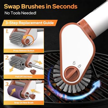 Electric Grill Brush for Outdoor, 2026 BBQ Grill Cleaner with Digital Display, Variable Speed Cordless Grill Brush, Waterproof & Replaceable Heads Grill Cleaning Brush for Barbecue Grates