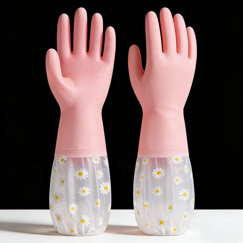 Dishwashing Cleaning Gloves, Reusable Rubber Glove with Long Elastic Cuffs for Chores - color: Pink