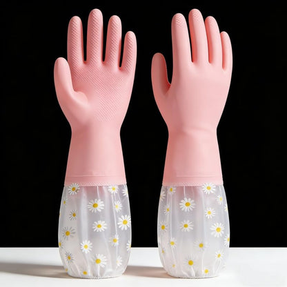 Dishwashing Cleaning Gloves, Reusable Rubber Glove with Long Elastic Cuffs for Chores - color: Pink