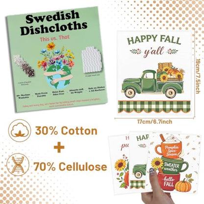 Fall Swedish Dishcloths for Kitchen, 6 Pack Hello Pumpkin Reusable Cellulose Sponge Paper Towels Washable, Absorbent Fast Drying Swedish Dish Cloth for Home Cleaning - style: Hello Pumpkin