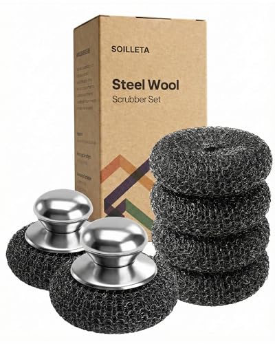 8 Pcs Steel Wool Scrubbers with 2 Pcs Handle,Stainless Steel Scouring Pads for Cast Iron Skillets, Grill & Kitchen Pots - Rust Resistant, Non-Splintering Heavy Duty for Tough Grease - color: 6 Pcs - 1