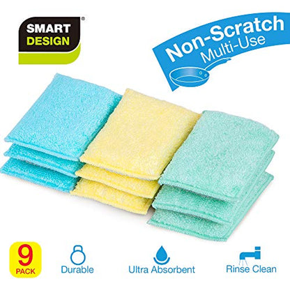Smart Design Non Scratch Scrub Sponge with Bamboo Odorless Rayon Fiber - Set of 9 - Ultra Absorbent - Soft and Scrubber Side - Cleaning, Dishes, and Hard Stains - Spring - Yellow, Mint, Blue
