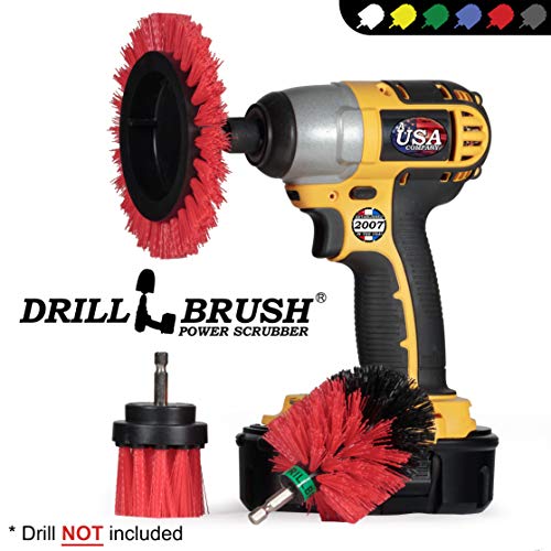 Red Stiff 3 Piece Outdoor Power Scrubber Brush Kit - Garden Patio Scrubbing Tool - Deck Cleaning Brush Set - Concrete Scrubbing Tool Set - Brick and Stone Outdoor Scrubber Kit - color: Red