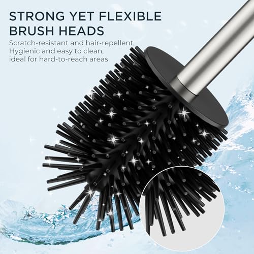 FORIOUS Toilet Brush and Holder Set, SUS304 Stainless Steel Square Base, Extended Long Handle, Drip-Proof & Space Saving, 2 Replaceable Brush Heads, Plastic & Silicone Dual Brush Head, Brushed Nickel - color: Brushed Nickel