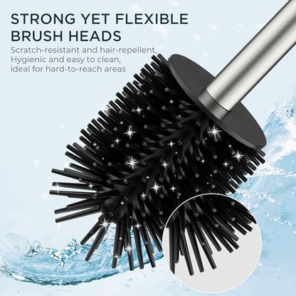 FORIOUS Toilet Brush and Holder Set, SUS304 Stainless Steel Square Base, Extended Long Handle, Drip-Proof & Space Saving, 2 Replaceable Brush Heads, Plastic & Silicone Dual Brush Head, Brushed Nickel - color: Brushed Nickel