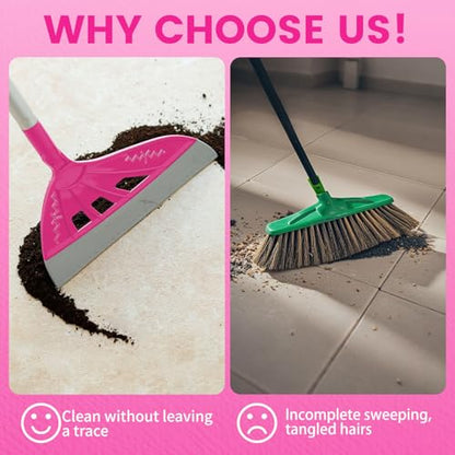 Magic Broom Household Silicone Broom, Multifunction Floor Squeegee with 2 Heads - Brush and Scrape, Magic Broom Sweeper with Extra-Long Adjustable Aluminum Handle for Floor, Glass, Tile (Bright Pink)