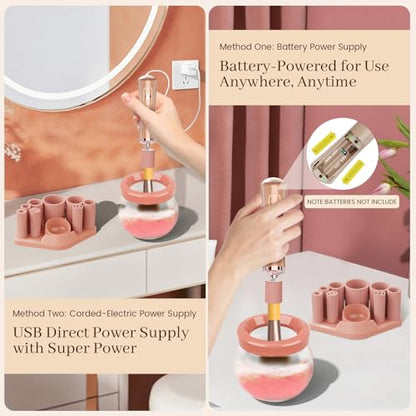 RICRIS Electric Makeup Brush Cleaner and Dryer Machine - Super Fast Clean and Dry Make Up Brushes - Automatic Cosmetic Brush Spinner Washer Tools - color: Gold-Peach