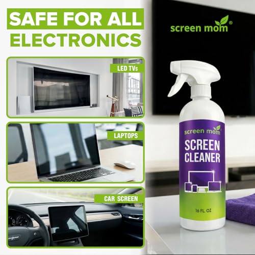 Screen Mom Screen Cleaner Spray 2 Pack-16oz for TV, Car, Laptop & Computer | Streak-Free Formula, Alcohol & Ammonia Formula, Safe for TVs, OLED, Tablets & Phones, Gentle Cleaning, Residue-Free Finish - size: 32 Fl Oz (Pack of 1)