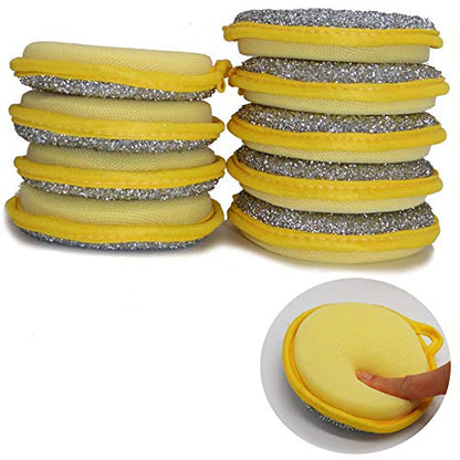 Dual Action Kitchen Cleaning Microfiber Scouring Scrubber, Round Dish Washing Sponge, 10 Pack (Yellow) - color: Yellow