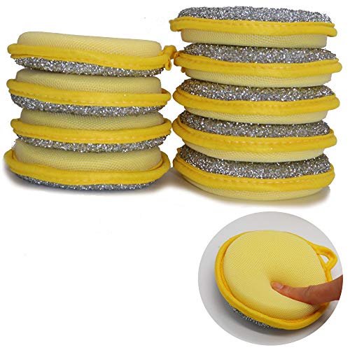 Dual Action Kitchen Cleaning Microfiber Scouring Scrubber, Round Dish Washing Sponge, 10 Pack (Yellow) - color: Yellow