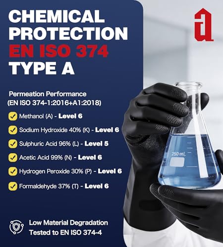 AnTools 2 Pairs Heavy-Duty Chemical Resistant Rubber Gloves, Protective Industrial Gloves for Cleaning, Dishwashing, Resist Acid, Alkali, Hazmat, Black, Large - size: Large (Pack of 2)