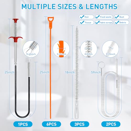 Drain Snake 12 Set: 25inch Snake Drain Hair Removal Tool(1PCS), 59inch Cleaning Brush(2PCs), 25inch Drain Clog Remover(6PCS), 18inch Sink Drain Brush(3PCS) For Bath Tub, Toilet, Kitchen Sink, Sewer