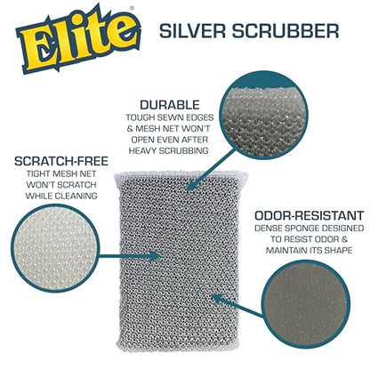 Elite Silver Scrubber PRO Sponge, 6 Pack, Non Scratch, Sponges for Kitchen and Household Use, Made in USA (Medium) - size: Medium