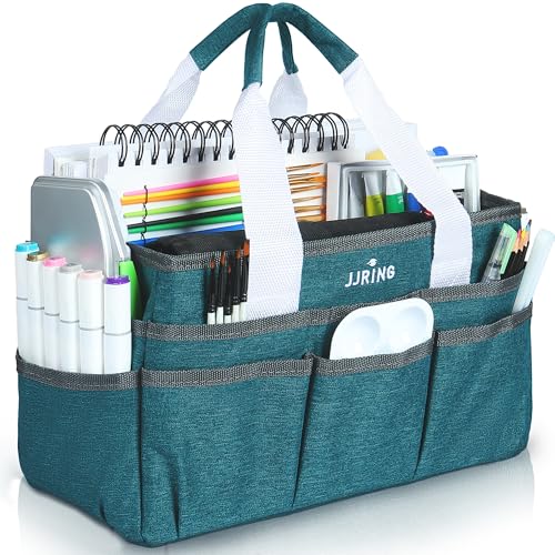 JJRING Craft Organizer Tote Bag for Art Storage, Caddy with Multiple Pockets, Bluish Green Sewing Bag for Scrapbooking, School, Medical, and Office Supplies - color: Bluish Green, size: Small