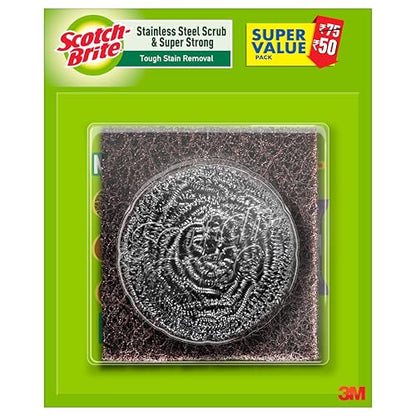 Scotch-Brite 1 Stainless Steel Scrubber (15g) and 2 Scrub pads Combo