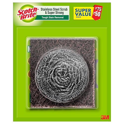 Scotch-Brite 1 Stainless Steel Scrubber (15g) and 2 Scrub pads Combo