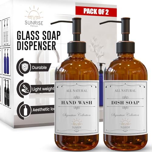 Sunrise Premium 2 Pack Amber Glass Soap Dispenser 16 OZ with Oil Rubbed Bronze Stainless Steel Pump, Hand and Dish Soap Dispenser Set for Bathroom and Kitchen Sink with 6 Waterproof Labels - color: Oil Rubbed Bronze Ss Pump - Amber Glass