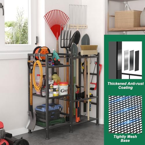 keomaisyto Garden Tool Organizer for Garage Organization, 3 Tier Yard Tool Storage Rack with 35 Long-Handled Tool Slots, Heavy Duty Garden Tool Holder with Large Hooks for Shed, Yard, Garage - size: Extra Large-no Wheels
