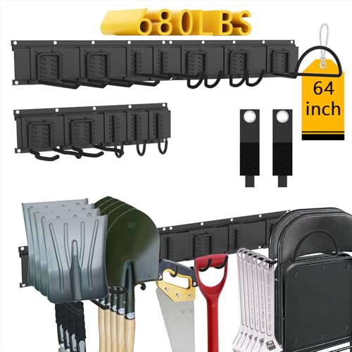CBWLWJ Garage Tool Organizer Wall Mount, 64 inch Garage Wall Organizer, 680lbs Sturdy Garden Tool Organizer with 12 Adjustable Hooks, for Yard, Shed, Basement, Workshop(Black) - size: 64inch+12Hooks+2Strap
