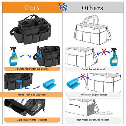 LoDrid Wearable Cleaning Caddy Bag with 4 Foldable Dividers, Cleaning Supply Organizer with Shoulder Strap and Side Handles for Cleaners & Housekeepers, Black - color: Black