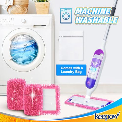 KEEPOW Reusable Microfiber Mop Pads for Swiffer PowerMop, 4 Count, Pink, Machine Washable, Compatible with 13-15 Inch Spray Mop, Multi-Surface Floor Cleaning - color: Pink 4 Pack