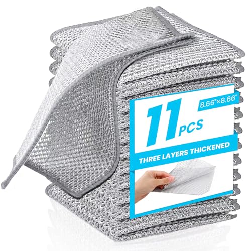 11 PCS Upgraded 3-Layer Non-Scratch Wire Dishcloths – Steel Wire Dish Cloths for Kitchen, Dish Towels & Wire Dishwashing Rags – Reusable Wire Rags for Cleaning Cookware, Dishes, Sinks – 8.66” x 8.66”