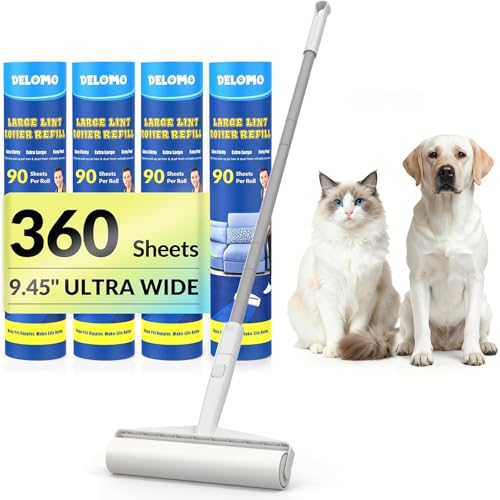 Large Lint Roller for Floors Carpet Furniture Bed – 9.45" Wide Extra Sticky Pet Hair Remover, 4 Refills 360 Sheets Value Pack, Long Handle for No-Bending Cleaning –Ideal for Dog Cat Owners Homes - size: A: 1 Roller + 4 Refills (360 Sheets Total)