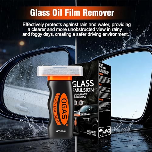 Car Windshield Cleaner & Glass Oil Film Remover, 100ml x 2PCS Car Glass Cleaner with Brush, Removes Oil, Grease & Fog, wiper residue, Anti-Fog Glass Emulsion Cleaner for Clear Driving Visibility