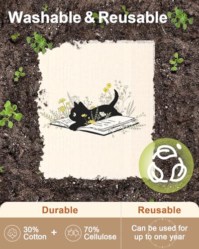 Miss Adola Swedish Dishcloths for Kitchen with Hooks - Reusable Dish Cloths for Washing Dishes Fast Drying Cute Fun 5 Pack Swedish Dish Towels Washable Cleaning Sponge, Black Cats - color: Black Cats
