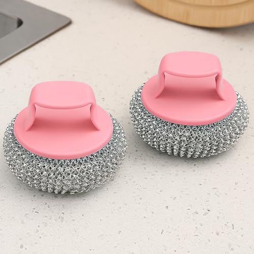 Stainless Steel Scrubbers for Kitchen and Bathroom 2 Pack, Heavy Duty Scouring Pads for Pots, Pans, Sink, Grill, Oven, Steel Wool Cleaning Pads for Dishes and Surfaces Pink