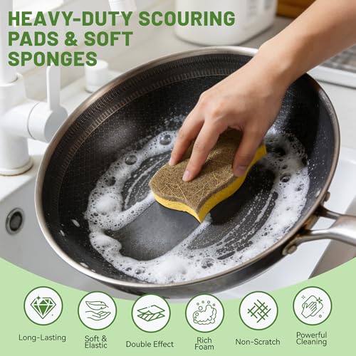 LILAC 12 Pack Natural Cellulose Sponges for Dishes - Non-Scratch Kitchen Scrub Sponges - 100% Biodegradable & Eco-Friendly Cleaning Sponges for Non-Stick Cookware, Bathroom & Household（Yellow） - color: Coconut Brown Yellow