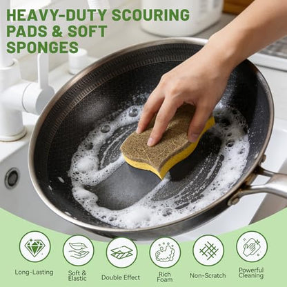LILAC 12 Pack Natural Cellulose Sponges for Dishes - Non-Scratch Kitchen Scrub Sponges - 100% Biodegradable & Eco-Friendly Cleaning Sponges for Non-Stick Cookware, Bathroom & Household（Yellow） - color: Coconut Brown Yellow