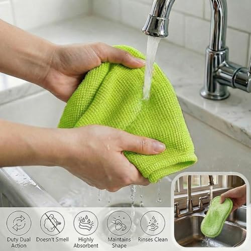 6Pcs Microfiber Cleaning Cloths & Sponges Set - 3Pcs Absorbent Towels + 3Pcs Dual-Sided Scrub Sponges - for Kitchen, Car, Bathroom, Dishes and Hard Surfaces(Green) - color: Green