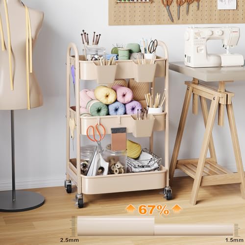 Beige 3 Tier Rolling Cart Metal on Wheels, Three Tiered Storage Organizer Utility Trolley with Wheels for Art, Craft, Baby Diaper Caddy, Snack, Book, Nail, Lash, Cleaning Supplies, Kitchen, Bathroom - color: Light Beige