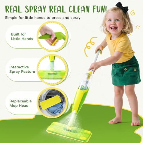 Kids Cleaning Toy Set,Mini Spray Mop Montessori Toys Pretend Play Cleaning Tool for Toddlers with Spray Mop & Kids Broom Dustpan Set Cleaning Toys Gift for Toddlers Girls Boys Age 3+ - size: Green, style: Cleaning Set