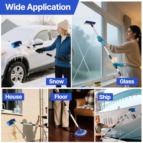 64'' Car Wash Brush with Long Handle, RV Flow-Through Wash Brush with Adjustable Handle, Anti-Scratch Plus Size Soft Car Wash Brush Mop with Hose Attachment Car Wash Kit for SUV RV Truck Boat