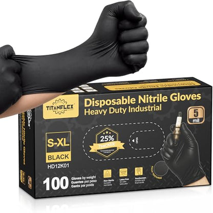 TitanFlex Black Nitrile Disposable Gloves, 5 Mil, Fully Textured, Heavy Duty, Latex Free & Powder Free for Cooking, Food Prep, kitchen clean, 100 ct (XL) - color: 03 5mil (100ct), size: X-Large