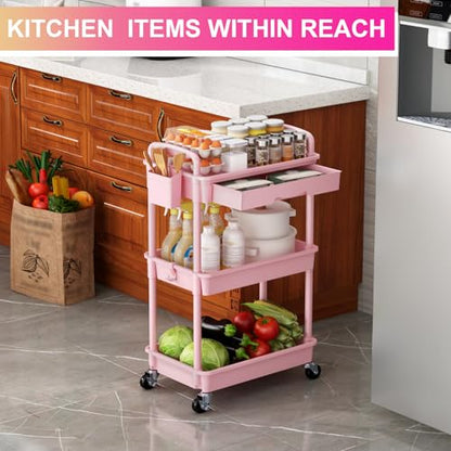 Goovilla 3 Tier Rolling Utility Cart Organizer with Removable Drawer, Stable and Sturdy Pink Rolling Storage Carts with 2 Lockable Wheels for Bathroom, Kitchen, Snack, Craft, Makeup, Baby Essentials - size: 3 Tier, style: Pink