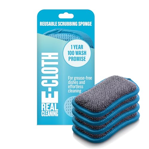 E-Cloth Washing Up Scrub Pad - Microfiber Sponge for Cleaning, Reusable Kitchen Sponge for Dishes & Sink, Non Scratch, Multi Purpose Scrubber, Machine Washable - 4 Pack - color: Blue, size: 4 Pack - New Version