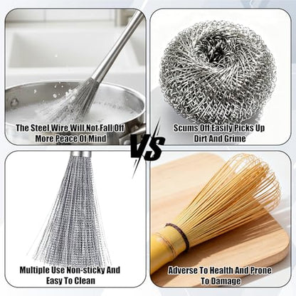 3 Pieces Stainless Steel Dish Brush with Handle, Metal Steel Wool Scrubber for Cast Iron, Cookware, Pot, Pan, Grill, Griddle, Stoves, Sink, Kitchen Scrub Brush for Cleaning