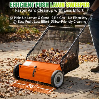 PPOLB 26" Push Lawn Sweeper, 7 cu.ft Large Capacity Yard Sweeper Push, 5:1 High-Density 4 Brushes, Adjustable Height, Heavy Duty Leaf Collector with Detachable Hopper, Rubber Wheels, Ergonomic Handle - color: Orange