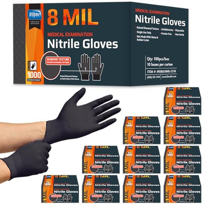 Inspire HEAVY DUTY ORIGINAL Stretch Nitrile Black Gloves Disposable Latex Free | Food, Mechanic, 6mil Black or 8 Mil Orange - size: Medium, style: 8mil Black