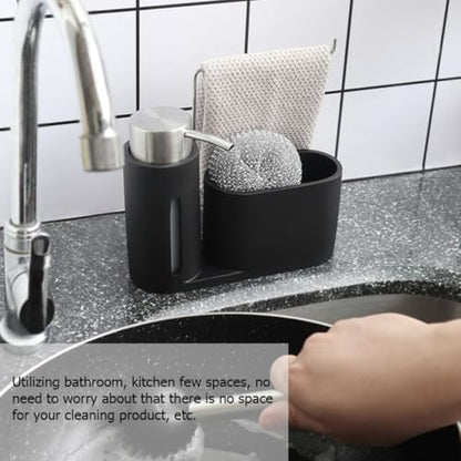 Artibetter 4 in 1 Cooking and Bathroom Storage Shelf with Soap Dispenser Set, Stainless Steel and Resin Cleaning Rack, Space-Saving Holder for Long Time Use in Black