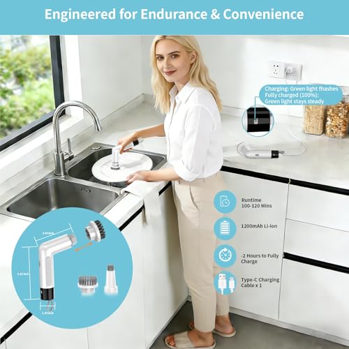 Electric Dish Scrubber, Mini Cordless Kitchen Cleaning Brush with 4 Replaceable Heads, 20W High-Torque Dual Speed, IPX7 Waterproof LED Display 90-120 Mins Runtime (ECB-S3) - size: S3 Mini