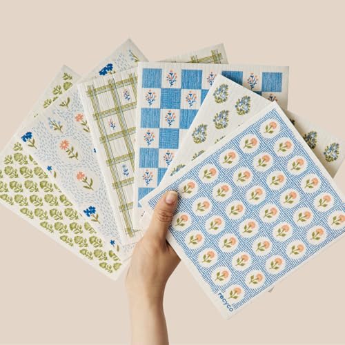RECYCO Swedish Dishcloths for Kitchen | 6 Packs Bloom Tiles Washable Dish Rags | Cellulose Reusable Cleaning Paper Towels | Absorbent Counter Dish Cloth Sponge Kitchen Wipes, 8" L x 7" W - color: Bloom Tiles - 6 Pack