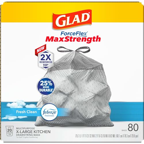 Glad ForceFlex MaxStrength Kitchen Trash Bags, 20 Gal, Fresh Clean Febreze, 80 Ct (Package May Vary) (Pack of 3) - size: 80 Count (Pack of 3)